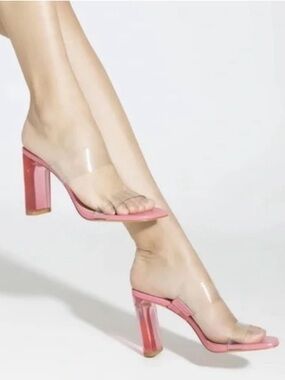 SCHUTZ Ariella Acrylic Heels Pink Clear-Strap Block Heel Sandals Size 8